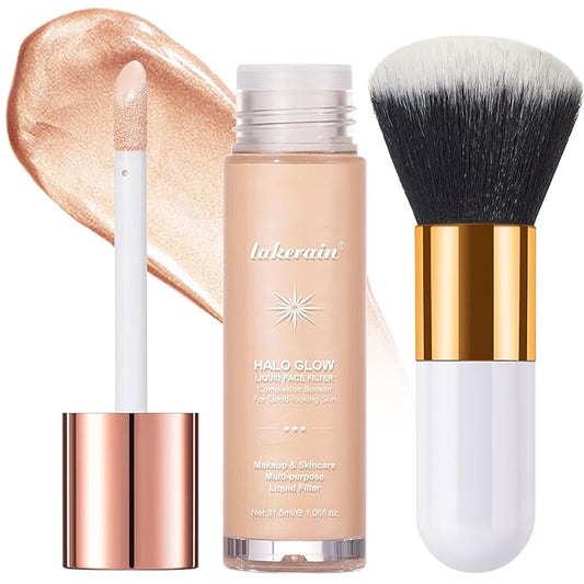 Natural Glow Liquid Filter Makeup, Longwear Face Luminizer, Complexion Booster For Any Part of the Body, Liquid Highlighter with Brush Kit, Infused Hyaluronic Acid, 1.06 fl oz (#03 LIGHT/MEDIUM)-BrightBean Baby