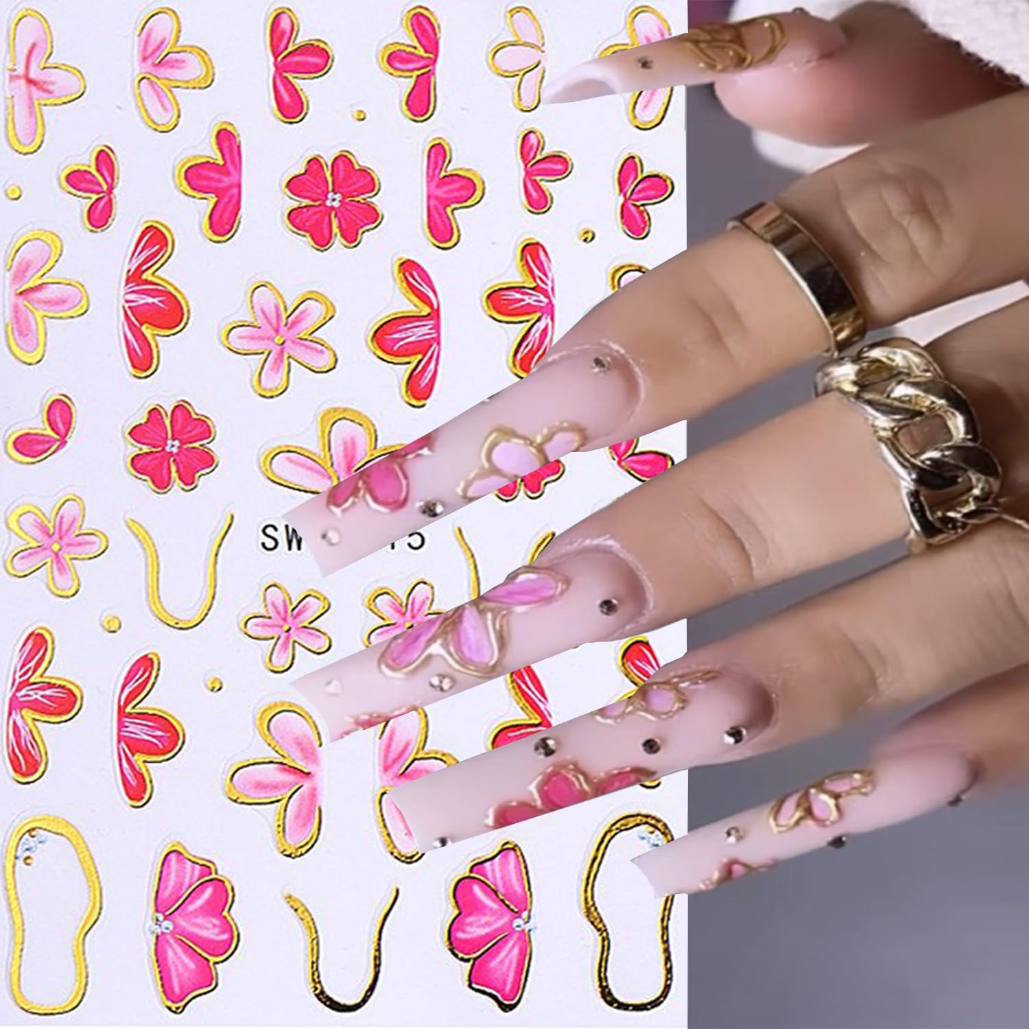 6 Sheets Flower Nail Art Stickers 3D Self-Adhesive Hot Stamping Blossom Nails Sticker Spring Nail Art Decals Holographic Floral Nails Decal Decoration for Women Flowers Manicure DIY Nail Supplies-BrightBean Baby