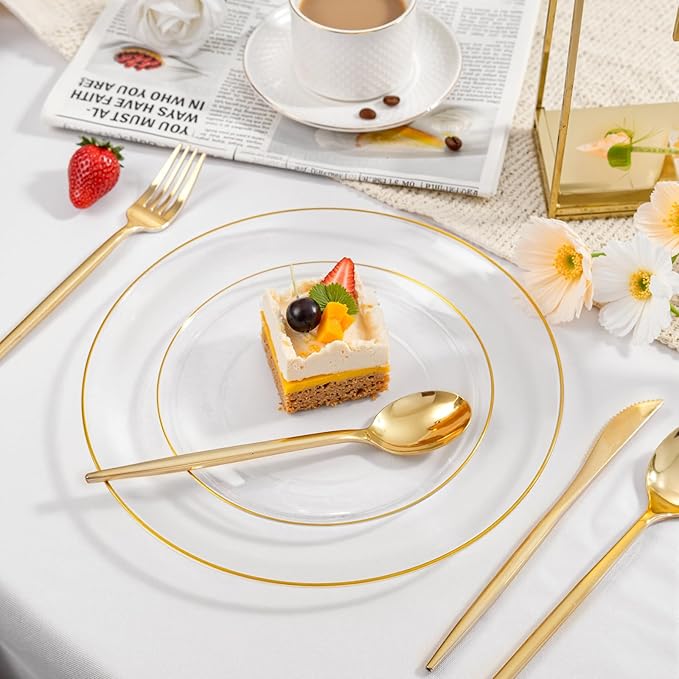 bUCLA 200PCS Clear and Gold Plastic Plates - Clear Disposable Plates with Gold Rim, Includes 100 PCS 10 inch Dinner Plates and 100 PCS 7 inch Dessert Plates for Party&Wedding