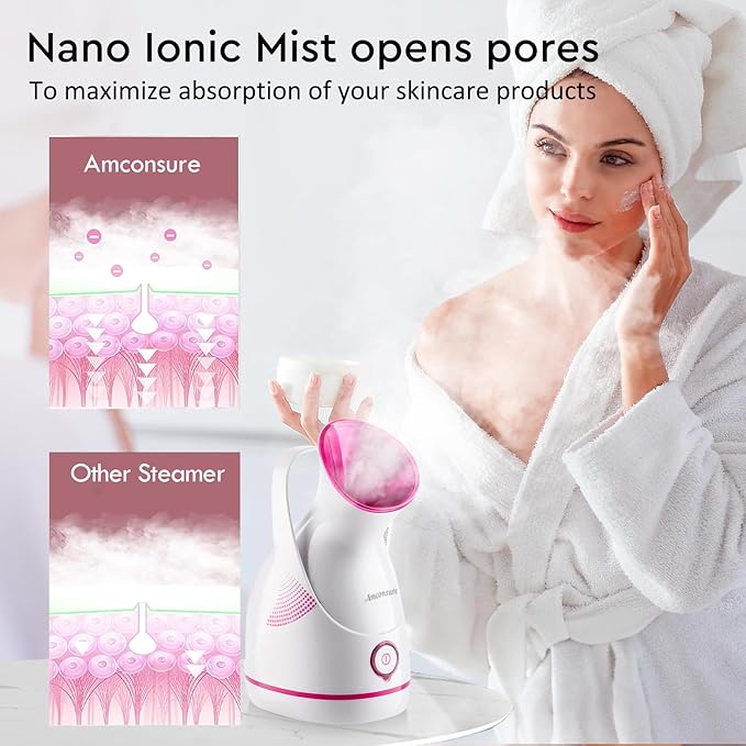 Amconsure Facial Steamer - Nano Ionic Face Steamer Warm Mist Steamer for Home Sauna SPA, Humidifier for Face Steamer for Deep Cleaning Unclogs Pores Sinuses - Bonus 5 Piece Stainless Steel Skin Kit-BrightBean Baby