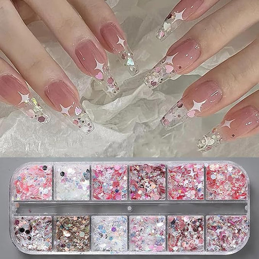 12 Grids Star Nail Art Glitter Sequins Heart Shaped Mermaid Nail Sequins Holographic Mermaid Nail Flakes Sticker Sequin Heart Nail Art Glitter for Women DIY Acrylic Nail Decoration-BrightBean Baby