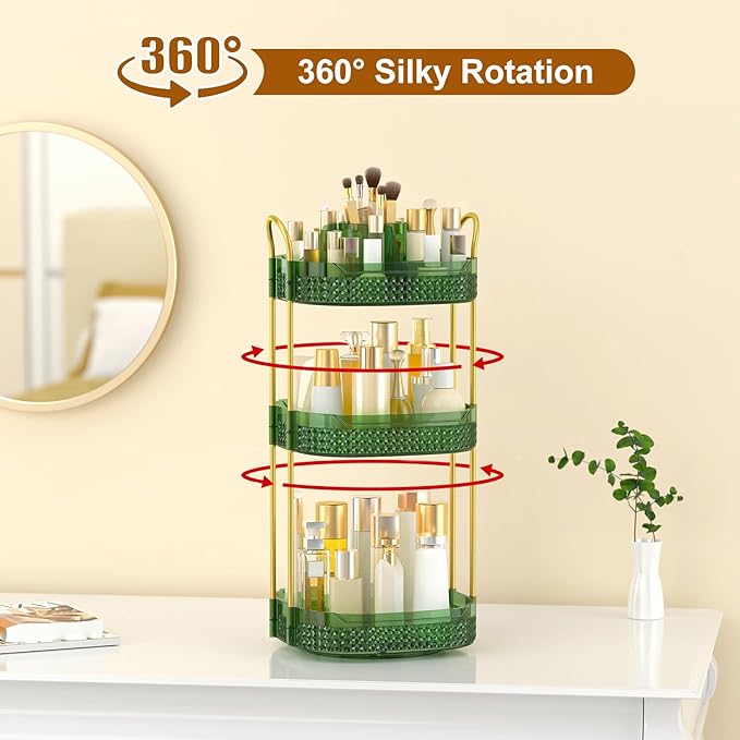 Rotating Makeup Organizer for Vanity 3 Tier, Perfume Organizer with Makeup Brush Holder, Large Capacity Cosmetics Clear Skincare Organizer for Countertop (Green)-BrightBean Baby