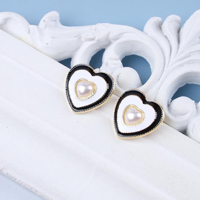 Vintage Pearl Heart Stud Earrings Enamel Heart Earrings Heart Love Earrings White Minimal Earrings Jewelry for Women-BrightBean Baby