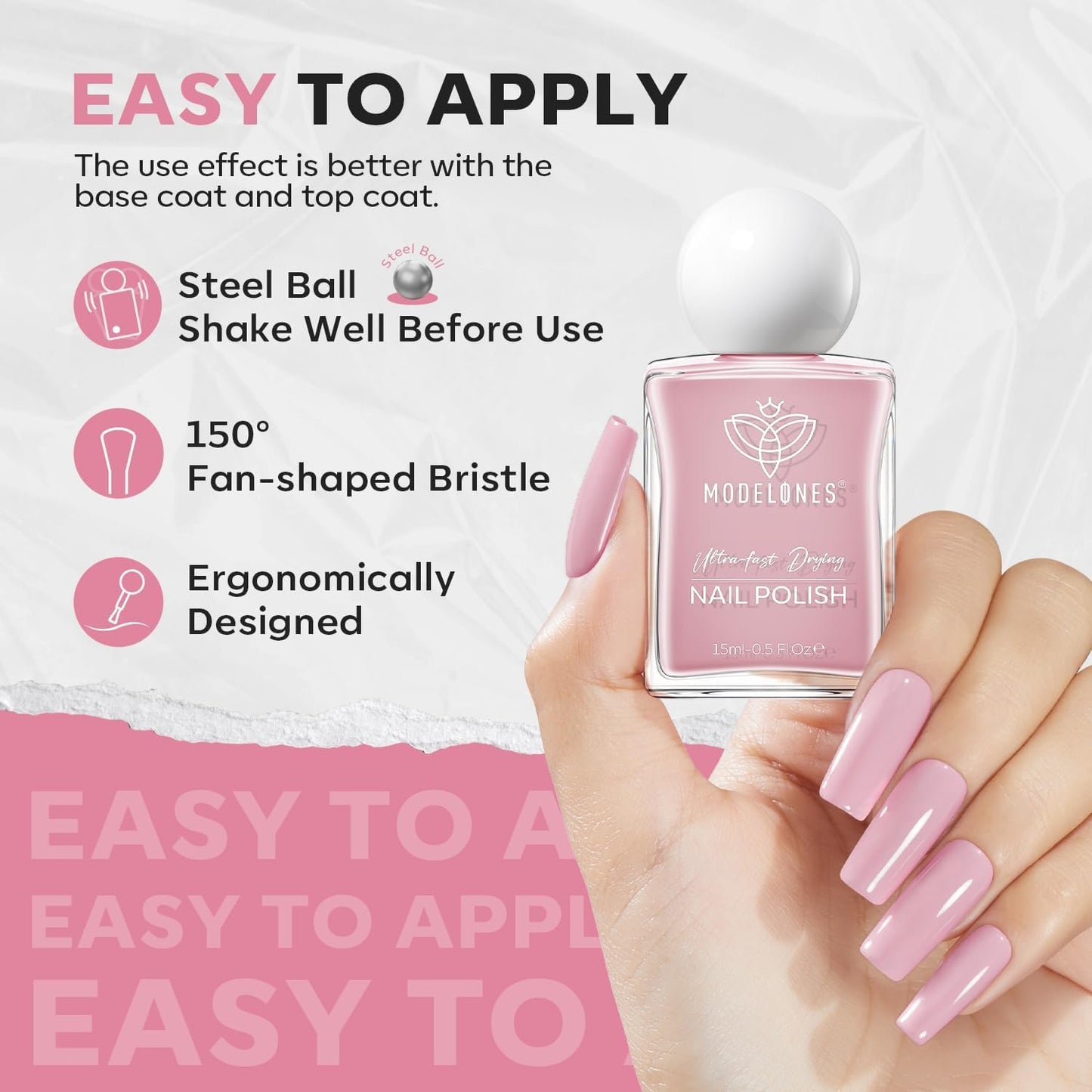 modelones Natural Pink Nail Polish, 15 ml Baby Pink Quick Dry Nail Lacquer Strengthener Long Last Shine Fingernail Toe Nail Art DIY Home Travel Manicure Gift for Women Girls 0.5 Fl Oz-BrightBean Baby