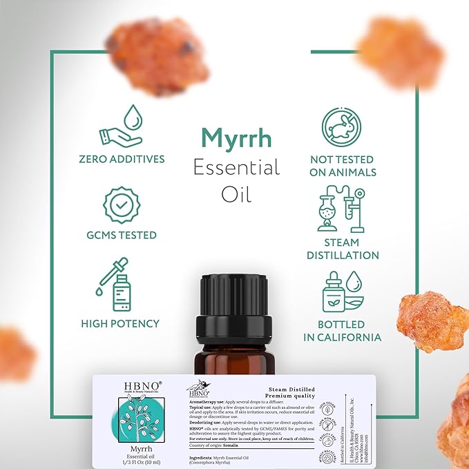 HBNO Myrrh Essential Oil - 1/3 oz (10 ml) Travel Size - Natural Myrrh Oil - Perfect for Cleaning, Aromatherapy, DIY, Soap and Diffuser - Myrrh Essential Oils-BrightBean Baby