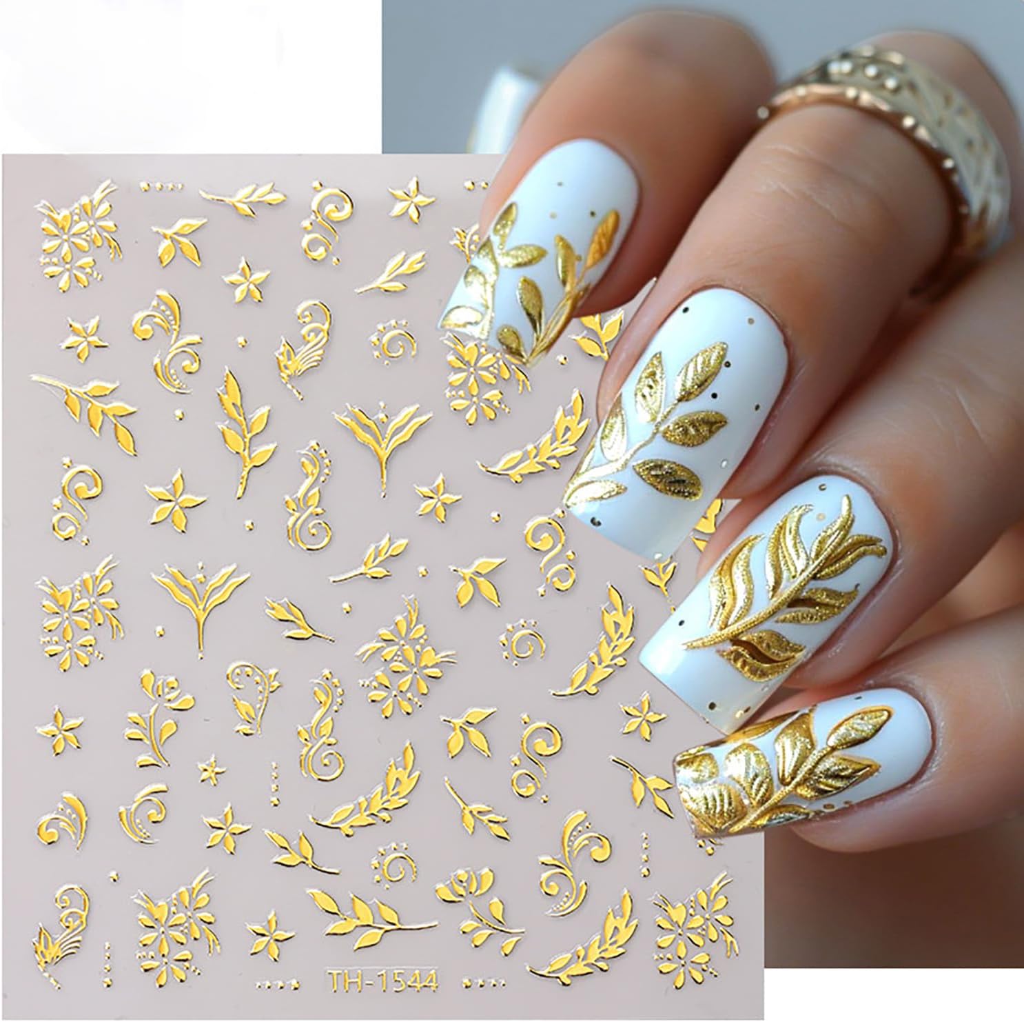 6 Sheets Gold Nail Art Stickers 3D Self -Adhesive Golden Flowers Leaves Nail Decals Holographic Hot Stamping Floral Nail Stickers Summer Blossom Nail Decoration for Women DIY Manicure Supplies-BrightBean Baby