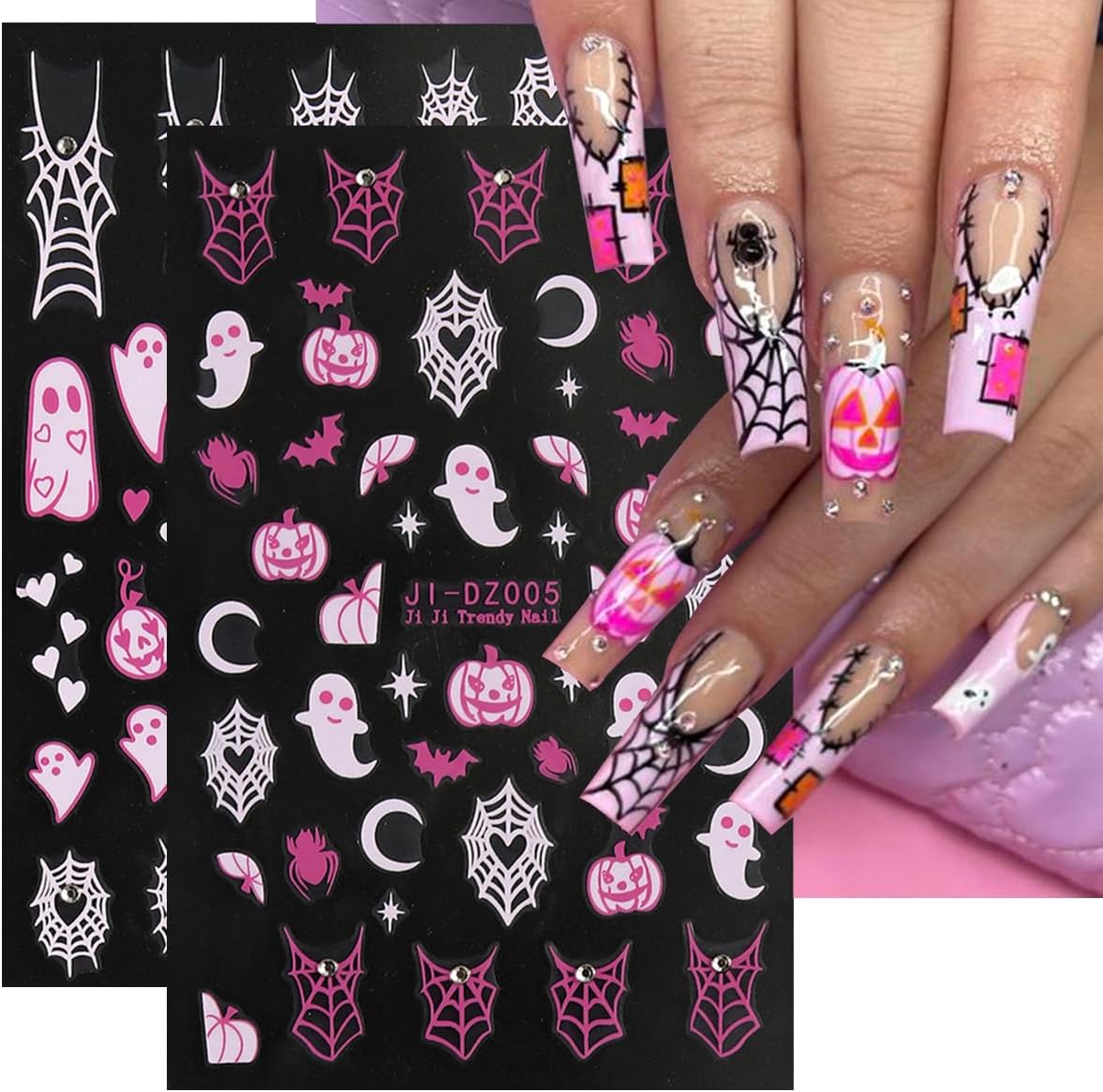 6Sheets Halloween Nail Stickers for Nail Art,3D Self-Adhesive Cute Ghost Spider Web Nail Decals with Rhinestones Design,Pink Pumpkin Spiders Skull Nail Art Stickers for Women Girls DIY Nail Decoration-BrightBean Baby