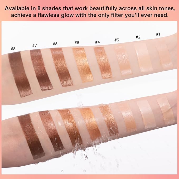 Natural Glow Liquid Filter Makeup, Longwear Face Luminizer, Complexion Booster For Any Part of the Body, Liquid Highlighter with Brush Kit, Infused Hyaluronic Acid, 1.06 fl oz (#06 TAN/DEEP)-BrightBean Baby