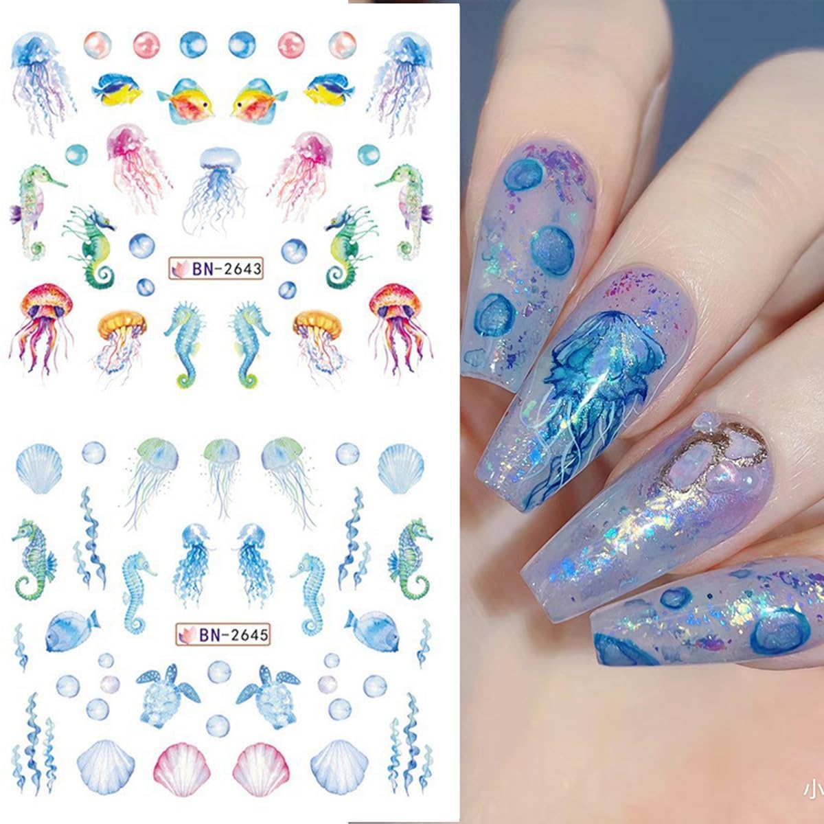 Summer Nail Art Stickers 12 Sheets Seashell Starfish Water Transfer Foils Decals Jellyfish Shells Sea Turtles Seahorses Design Acrylic Ocean Theme Supplies for Women DIY Decor-BrightBean Baby