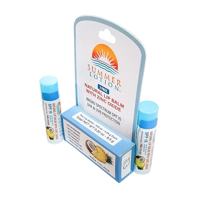 Natural Lip Balm with Zinc Oxide Sunblock by Summer Lotion, SPF 15 Lip Sunscreen 2-Pack, Water Resistant Chapstick, SPF Lip Protection for Everyone, (Pina Colada)-BrightBean Baby