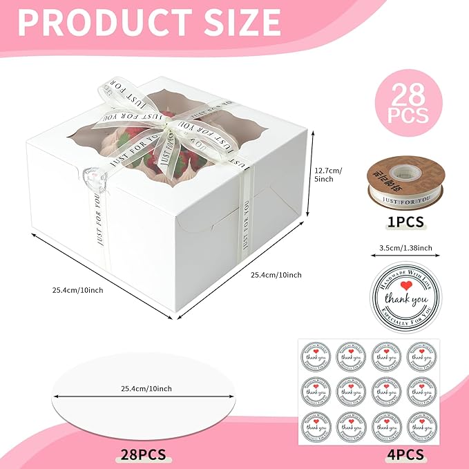 28 Pack Cake Boxes with Window, 10x10x5 Inches Bakery Containers, 10 Inch Cake Carrier, Disposable Bakery Boxes for Cake Cupcake Cookie Pie Pastry (White, 10105 inch/28pcs)