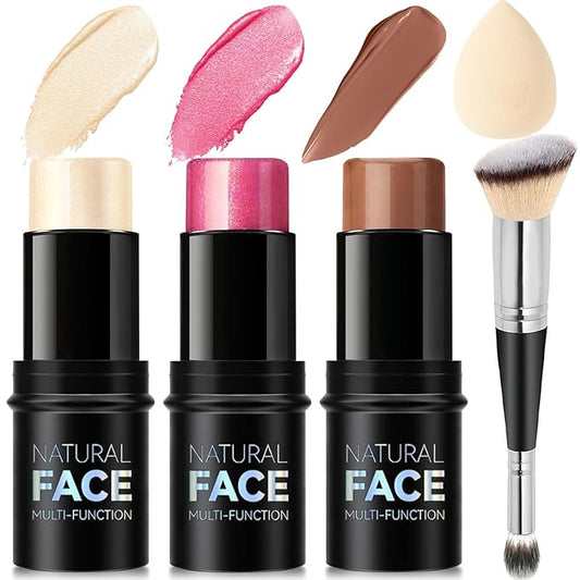 3Pcs Cream Contour Stick Makeup Kit, Shades with Highlighter Stick, Blush Stick and Bronzer Contour Stick for Sculpt the Cheeks, Long Lasting, Waterproof, Matte & Dewy Finish (LIGHT)-BrightBean Baby