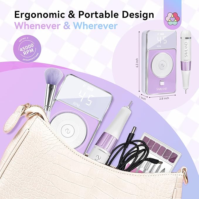 SAVILAND SSPro X-Drill Nail Drill Professional: 45000 RPM Quick Removal for Acrylic Nails Electric Nail File 3000 mAh Nail Drill Kit Portable EFile with Ceramic Bits Sanding Bands Nail Tech Salon-BrightBean Baby