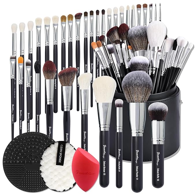 Bueart Design Pro makeup Artist 34Pcs Deluxe Real Goat Hair Horse hair Makeup Brushes Set with extra Large Holder High End Professional labeled makeup brush set with natural Pony Hair-BrightBean Baby