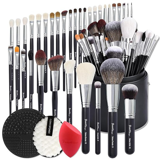 Bueart Design Pro makeup Artist 34Pcs Deluxe Real Goat Hair Horse hair Makeup Brushes Set with extra Large Holder High End Professional labeled makeup brush set with natural Pony Hair-BrightBean Baby