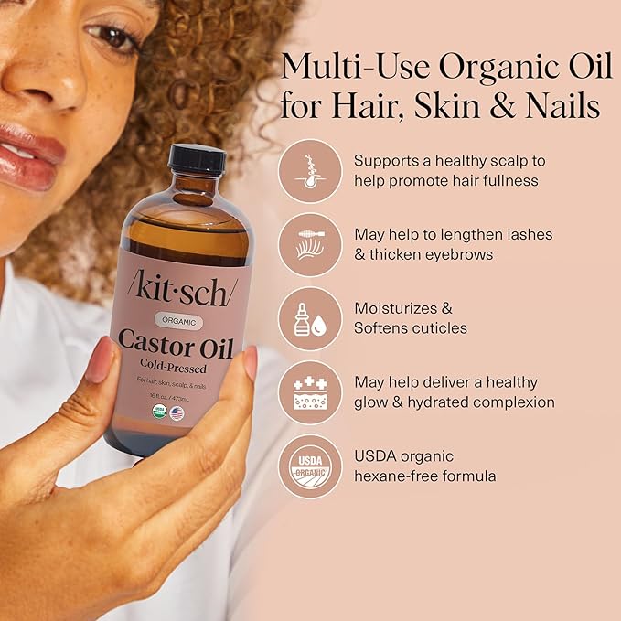 Kitsch Organic Castor Oil for Hair Growth - 100% Pure Castor Oil, Organic Cold Pressed Unrefined Glass Bottle for Face, Skin, Lashes, Brows, Scalp, Nails & Belly Button - Hexane Free, USDA - 16 oz-BrightBean Baby