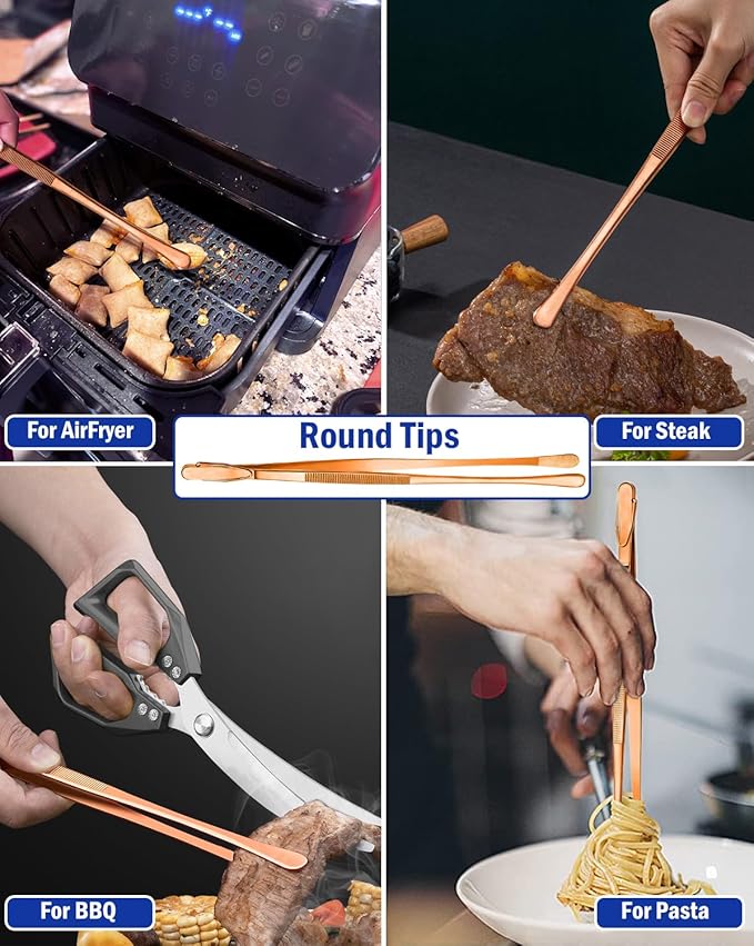 JETKONG 4 Pcs Kitchen Tweezers, 12'' and 10'' Stainless Steel Cooking Tweezers Set, High-Precision Tweezers Tongs for Cooking, Repairing, Seafood and BBQ (Rose Gold)