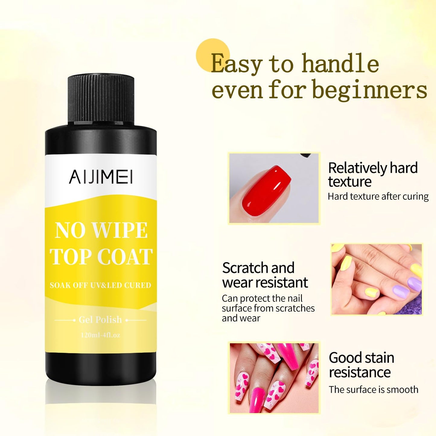 AIJIMEI 120ml Gel Polish No Wipe Top Coat Long Lasting Top Gel for Acrylic Nails,Top Coat for Home DIY and Nail Salon Non-Wipe TopCoat 4 Fl Oz-BrightBean Baby