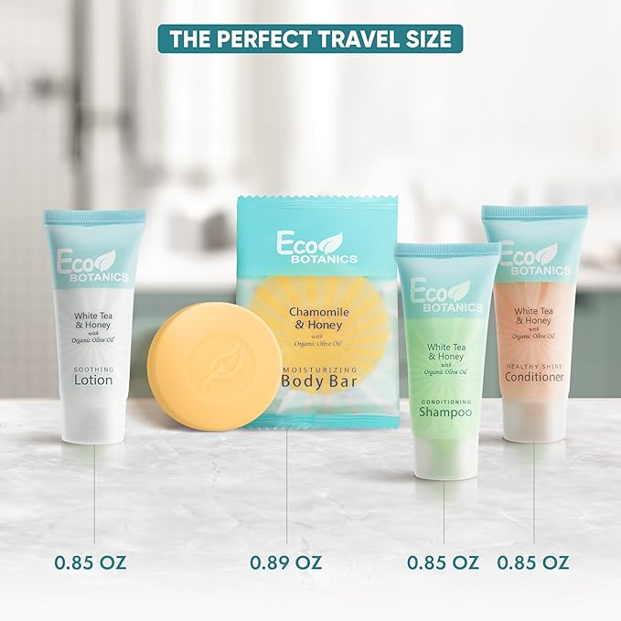 Eco Botanics Hotel Soaps and Toiletries Bulk Set | 1-Shoppe All-In-Kit Amenities for Hotels & Airbnb | 0.85 oz Hotel Shampoo, Conditioner & Lotion, 0.89 oz Bar Soap Travel Size | 200 Pieces-BrightBean Baby