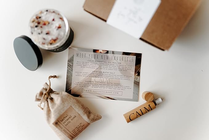 Relaxing Bath Gift Set, Luxury Spa Gifts for Women, Self Care Products for Women and Men, Calm Essential Oil Roller, Oatmeal Lavender Bath Soak & Epsom Salts with Essential Oils-BrightBean Baby