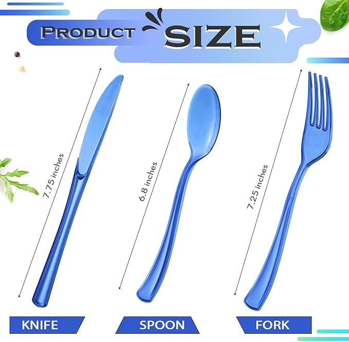Minatee 150 Pieces Disposable Cutlery Set Plastic Silverware Heavy Duty Utensil Sets 50 Forks 50 Knives 50 Spoons for Home Office School Party Picnics Restaurant Outdoor Events(Blue)