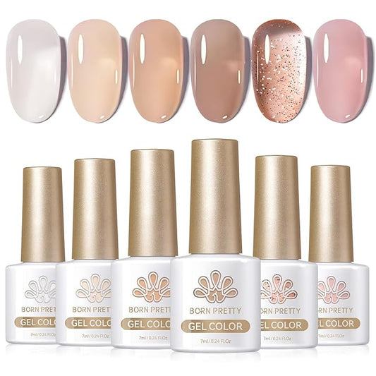 Born Pretty Jelly Gel Nail Polish Nude Set Crystal Transparent Translucent Sheer Clear 6 Colors Gift Collection Manicure Kit-BrightBean Baby