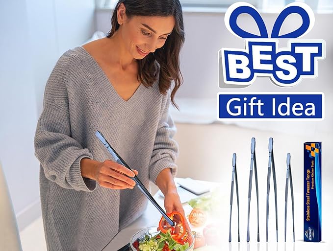 JETKONG 4 Pcs Kitchen Tweezers, 12'' and 10'' Stainless Steel Cooking Tweezers Set, High-Precision Tweezers Tongs for Cooking, Repairing, Seafood and BBQ (Blue)