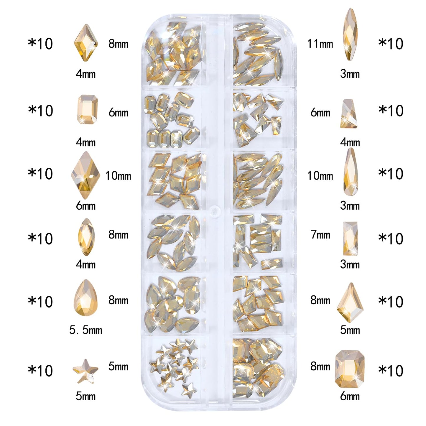 HNUIX Nail Rhinestones - 3D Multi Shape Size Crystal, Champagne Gold Nail Gems, Flat Back, with Kit, for Nail Art, DIY Decorations-BrightBean Baby