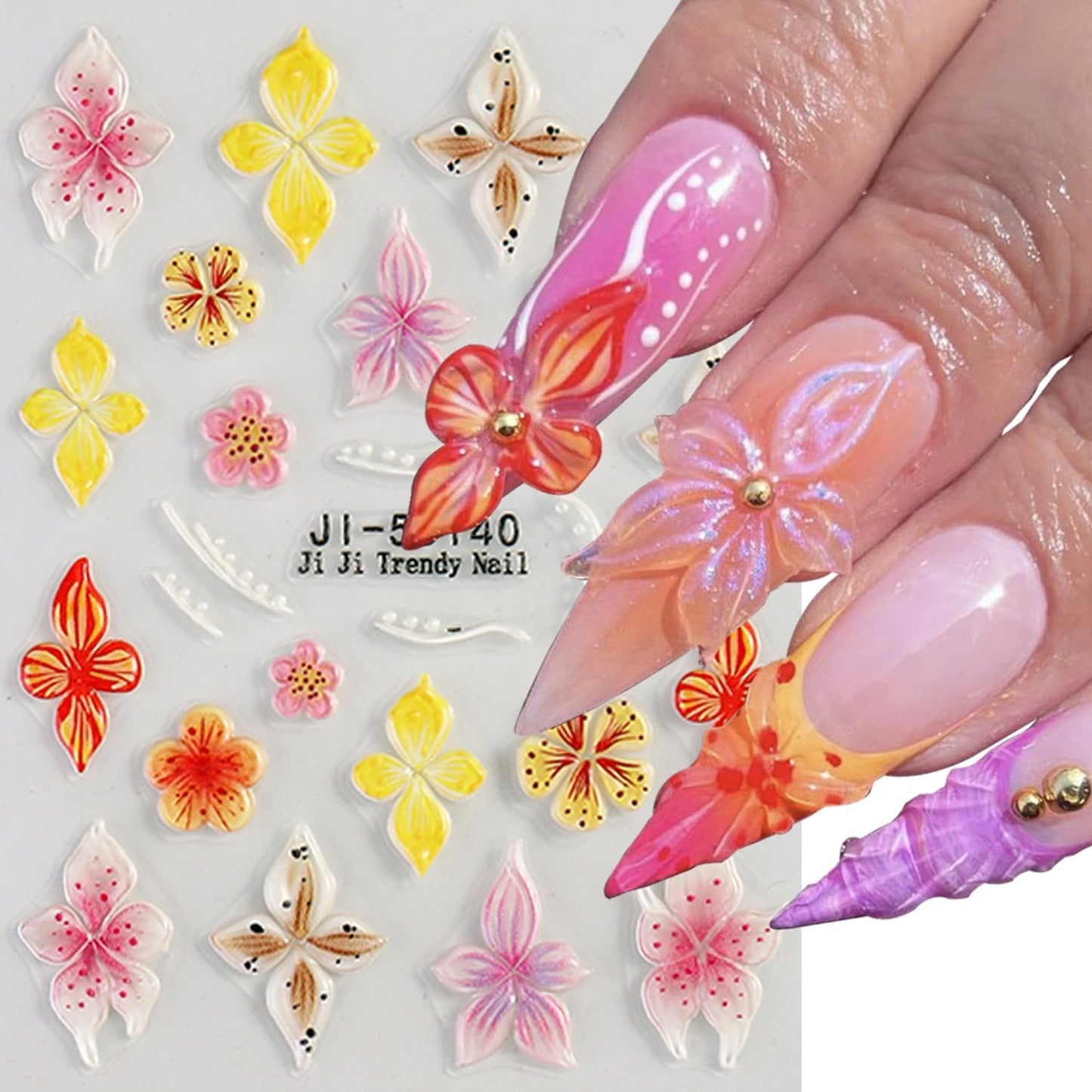 Colorful Flower Nails Art Stickers 5D Self-Adhesive Embossed Nails Stickers Hibiscus Flower Design Tropical Floral Nails Decal Supplies Women DIY Nail Art Decoration 3 Sheets-BrightBean Baby
