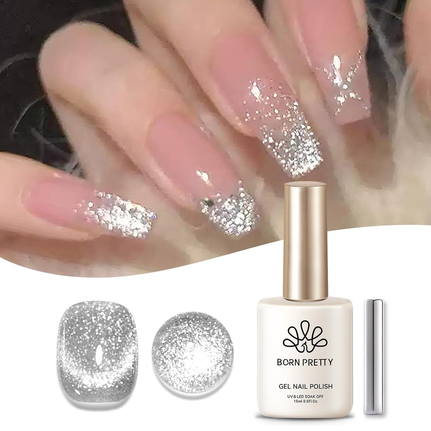 Born Pretty Cat Magnetic Eye Gel Nail Polish, Silver Platinum Cat Magnetic Gel, Sparkle Glitter Magnetic Soak Off U v Nail Gel Diy Art Manicure Nail Salon Varnish 15ML-BrightBean Baby