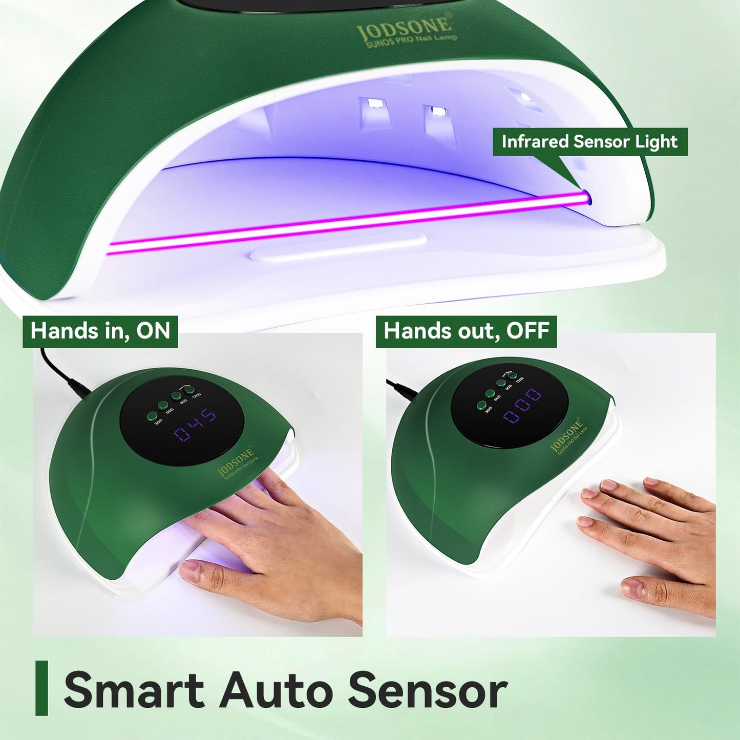 JODSONE U V Nail Lamp LED Gel Nail Dryer Gel Nail Lamp with Auto Sensor and 4 Timers Home Salon Use Nail Tools Green-BrightBean Baby