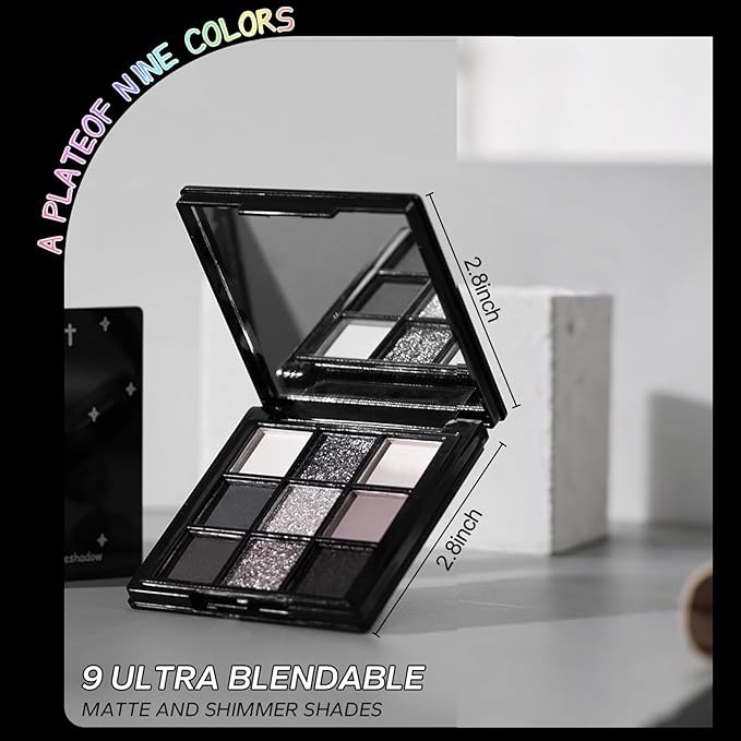 Erinde 9 Color Smokey Eyeshadow Palette, Highly Pigmented Matte & Glitter Shades,Black Silver Gray Eye Shadow Set for Halloween Makeup, Long-Lasting, Waterproof & Blendable, Reversal Star Smokey-BrightBean Baby