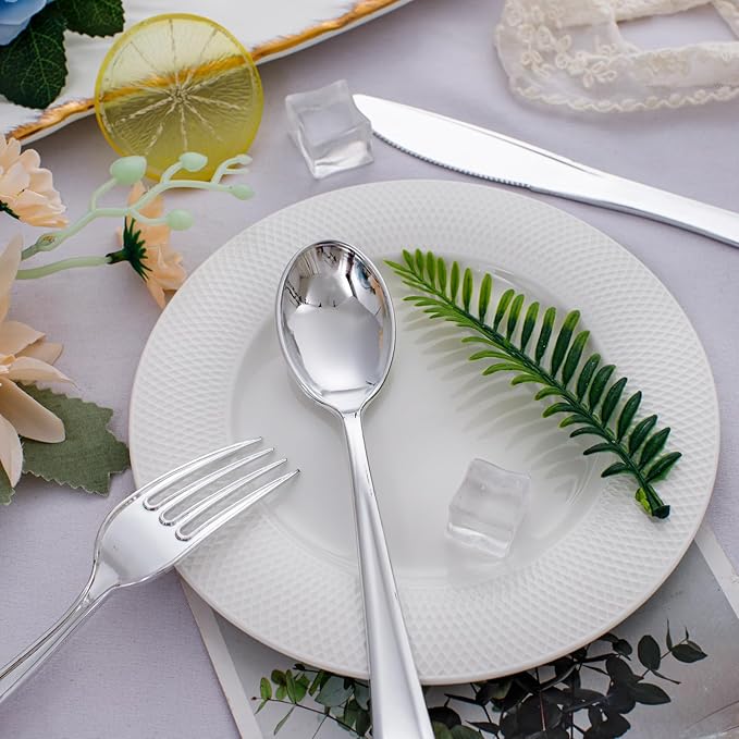 WDF 500PCS Silver Plastic Silverware - Plastic Silver Utensils - 250 Forks, 125 Spoons, 125 Knives, Heavy Duty Disposable Silverware Sets for Parties, Wedding, Christmas