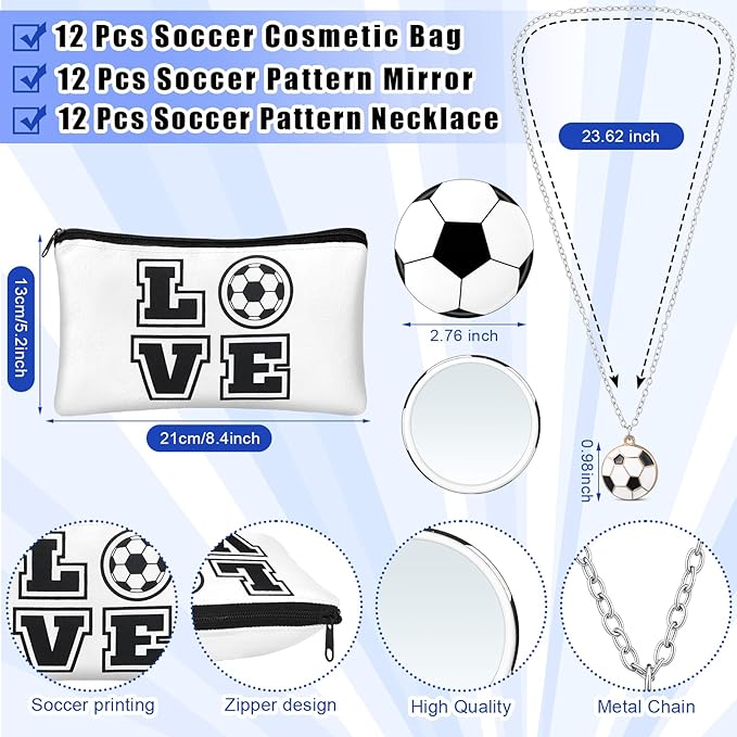 72 Pcs Sports Team Gifts Include 12 Makeup Bags 12 Lip Balm 12 Lip Balm Holder 12 Necklace 12 Adjustable Bracelet 12 Mirrors for Sports Lovers Players Party Favors (Black, Soccer)-BrightBean Baby