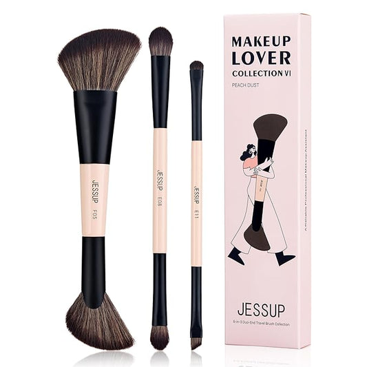 Jessup Travel Makeup Brushes Set 3pcs, Double Sided Contour Brush Dual Ended Eye Shadow Shader Eyeliner Brush, Multi-functional Makeup Set Peach Dust T507-BrightBean Baby