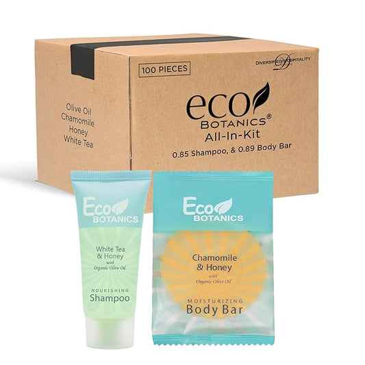 Eco Botanics Hotel Soaps and Toiletries Bulk Set | 1-Shoppe All-In-Kit Amenities for Hotels & Airbnb | 0.85 Conditioning Shampoo & oz Bar Soap Travel Size | 100 pieces-BrightBean Baby
