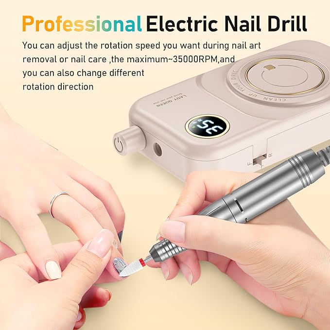 Portable Nail Drill Electric File: 35000RPM Professional Rechargeable Nail E File Machine,for Acrylic Nails Gel Polishing Removing, Cordless Efile with Bits Kit for Manicure Salon Home (Pink)-BrightBean Baby