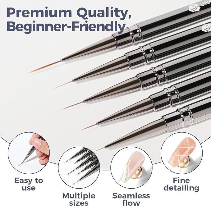 UNA GELLA Nail Art Brushes Metallic, Liner Pens 5Pcs Set For Nail Art Gel Polish, Gray Color, Detail Nail Art Design Painting Brush Set For Nails Gel Fine Drawing Nail Tools, 6/9/11/15/18mm Sizes-BrightBean Baby
