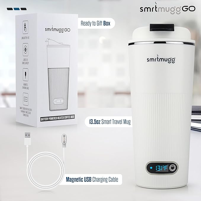 GO Heated Coffee Mug, Travel Mug, 13.5 OZ. Smart Mug, Battery Powered Heated Coffee Mug, Great for Coffee and Tea, Snap on Magnetic Charging Cord, New and Improved (White)