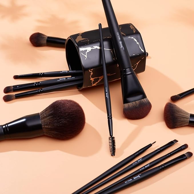 Jessup Full Makeup Brushes Set 13pcs, Professional Vegan Foundation Powder Contour Blush Highlight Eyeshadow Blending Concealer Spoolie EyeLiner Brush, Phantom Black T300-BrightBean Baby