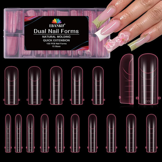 EBANKU Dual Nail Forms for Poly Extension Gel, 150 PCS Pink Nail Molds Reusable 15 Sizes Nail Extension Forms for Builder Gel Manicure Design Salon DIY-BrightBean Baby