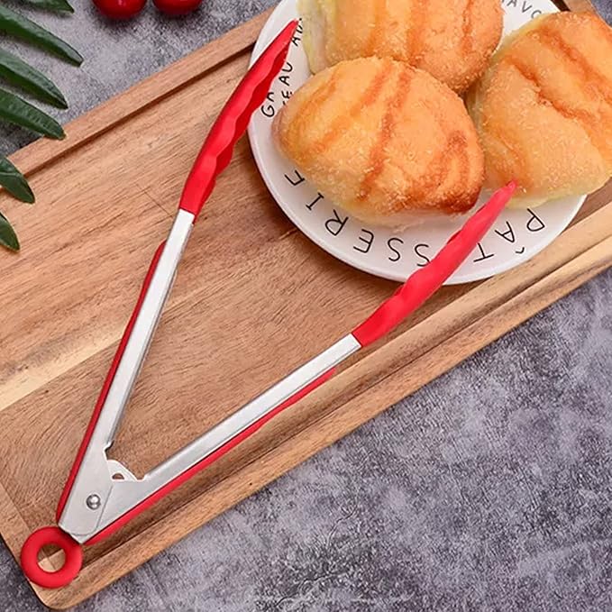 2-Pack of 9" (Small) & 12" (Large) Kitchen Tongs Set: Non-Stick Silicone-Stainless Steel Cooking Tongs, BPA Free, Heat Resistant (480°F) - Non-Slip Grip & Locking Metal Food Tongs (Red)