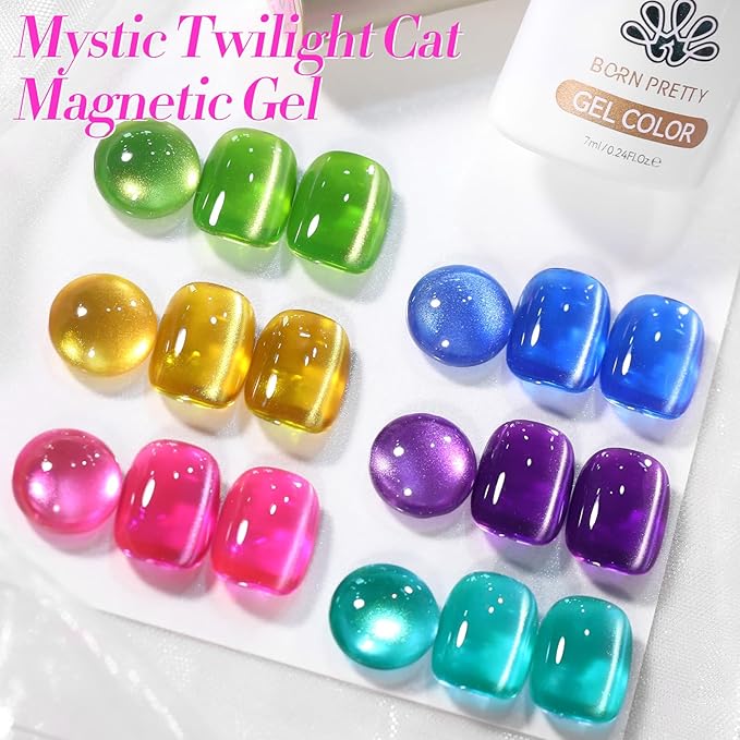 Born Pretty Cat Magnetic Eye Gel Nail Polish Neon Glazed Glass Crystal Magnetic Gel Spring Summer Yellow Green Pink Blue Purple Translucent Gel Polish Set Manicure Nail Art DIY at Home-BrightBean Baby