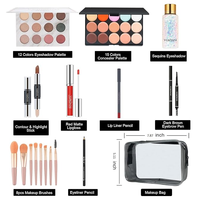 VERONNI Makeup Kit for Girls Women Full Kit ,All In One Makeup Gift Starter Set -Eyeshadow Palettes,Concealer ,Contour ,Lipgloss, Lipliner,Eyeliner,Makeup Brush,Eyebrow Pencil ,Travel Bag for Teens Birthday Christmas-BrightBean Baby
