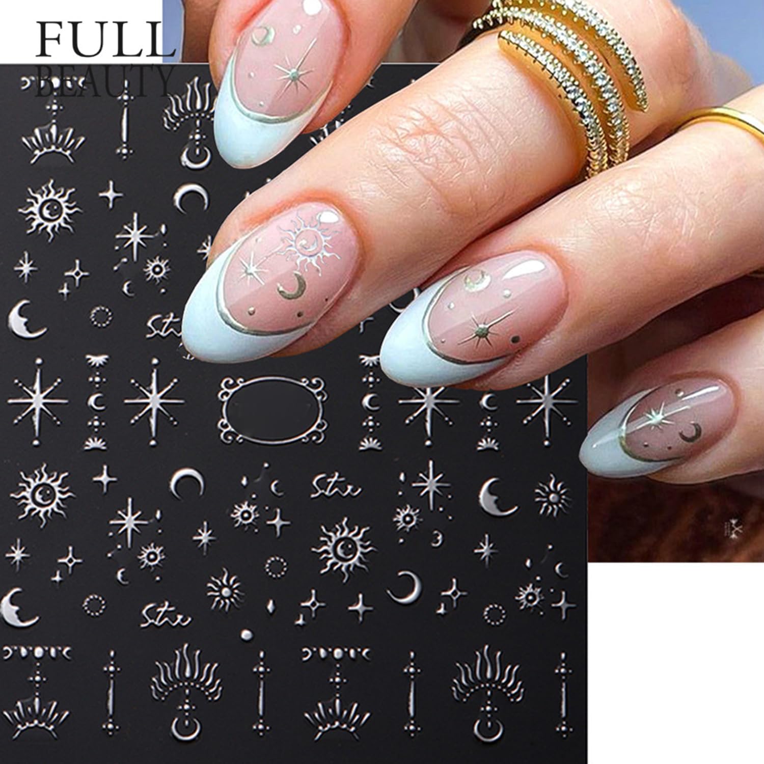 Metallic Silver Nail Art Stickers 3D Self-Adhesive Nails Stickers Bohemian Sun Moon Hexagram Butterfly Heart French Tip Decal Supplies Women DIY Silver Metal Nail Art Decoration 4Sheets-BrightBean Baby