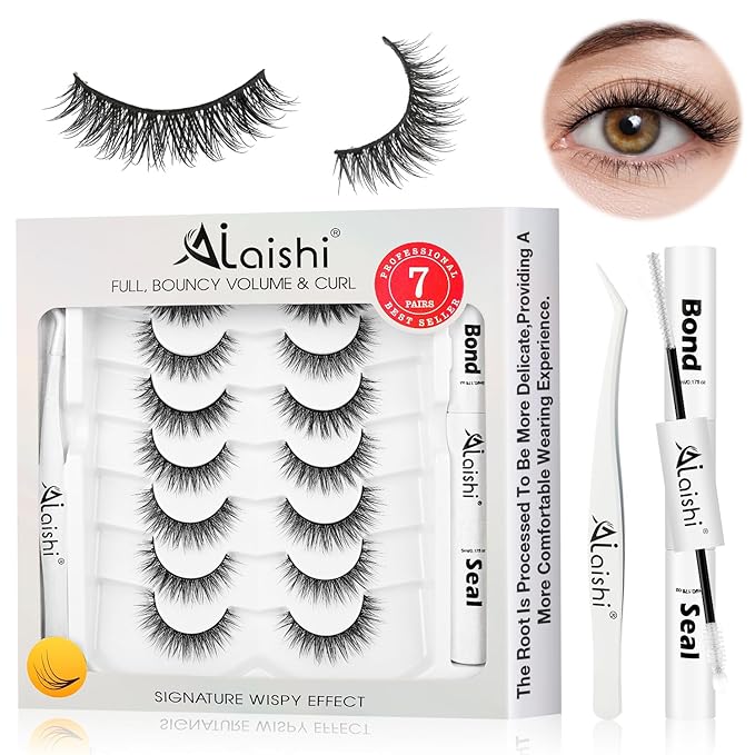 Wispy False Eyelashes Kit With Bond, Seal and Tweezer, 7 Pairs Natural Look Fake Cat Eye Lashes Strips Thin Band Extensions Waterproof Easy Eyelashes for Beginners RQ01-BrightBean Baby