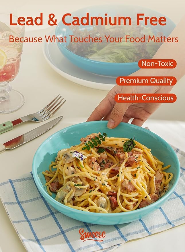 Sweese Pasta Bowls, 22 Ounce Salad Serving Bowls Set of 6, 7.6 Inch Porcelain Plates for Serving Dinner, Salad - Microwave Dishwasher Safe, Cool Assorted Colors