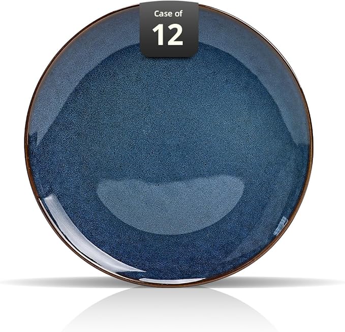 Organic Shape Restaurant Plate 9", Commerical Grade Catering Stoneware Plates in Ir-regular Organic Shape, Chip & Scratch Resistant, Glossy Reactive Glaze Blue, Case of 12