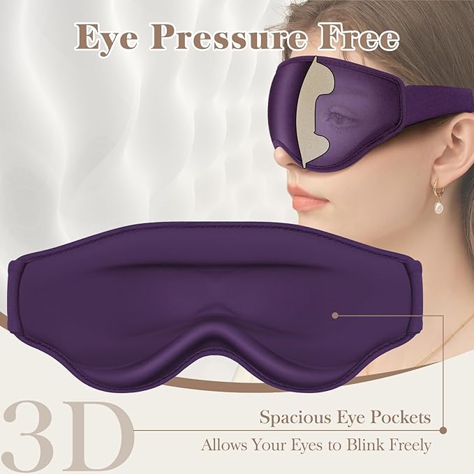 3D Cooling Eye Mask Sleep Mask for Men & Women, 100% Pressure-Free & Light Block-Out Eye Mask for Sleep with Easy Adjustable Strap, Night Eye Cover for Travel, Purple-BrightBean Baby