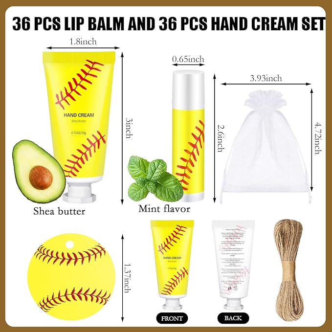 144 Pcs Softball Lip Balm Hand Cream Set Softball Accessories Softball Party Favors Including 36 Softball Lip Balm 36 Moisturizing Hand Cream 36 Bags 36 Softball Cards and Ropes for Kids Gifts-BrightBean Baby